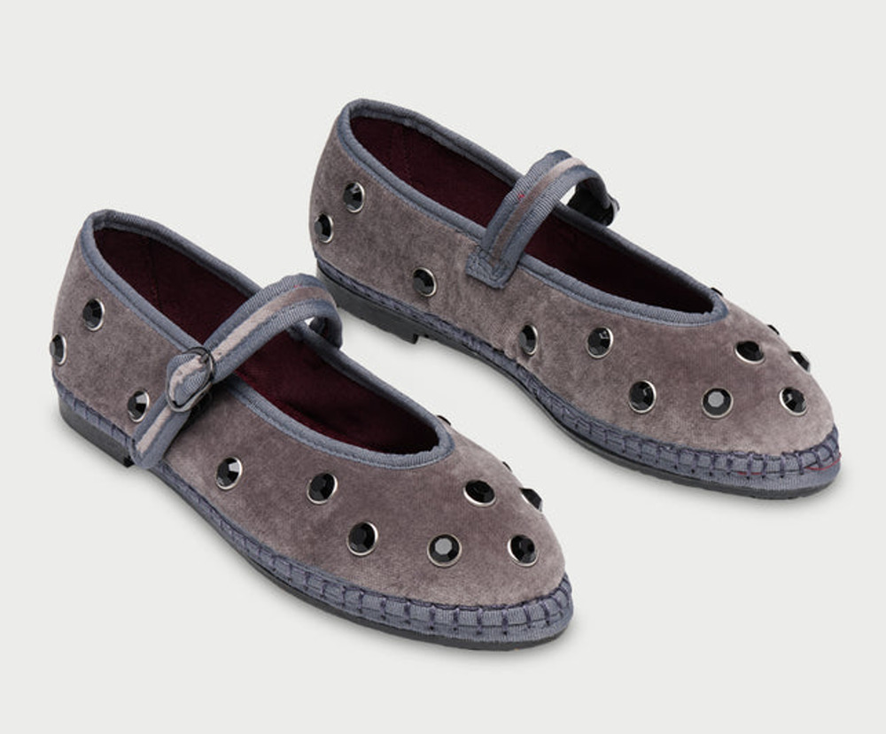 Flabelus Mae Cristal Velvet Round Toe Mary Jane Flats Gray Women's Size EU 42
